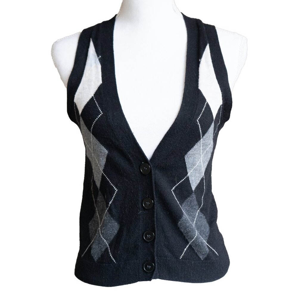 Express Argyle Sweater Vest Y2k Goth Emo Academia Black Wool Diamond Intarsia